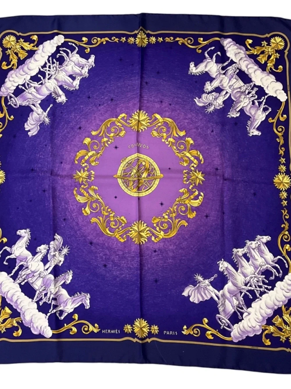 HERMES PURPLE / GOLD MULTI COSMOS PRINT SQUARE SILK TWILL SCARF